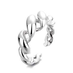 Polished silver twisted rope ring in minimalist hollow design with adjustable open band