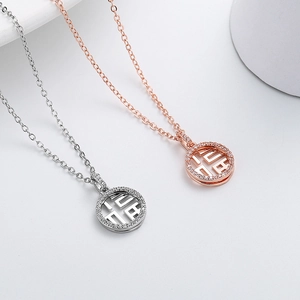 Elegant hollow Fu character necklaces with micro-set diamonds in silver and rose gold