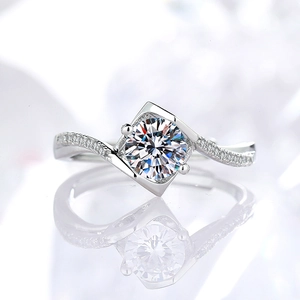 Classic 1-carat moissanite ring with wave band and square setting on mirror surface