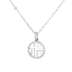 Silver hollow Fu character pendant necklace with sparkling micro-pave zircons
