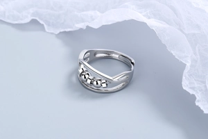 Detail of adjustable silver ring with triple layers and three sliding stress relief beads