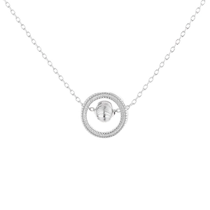Silver geometric ring pendant necklace with textured bead on thin cable chain