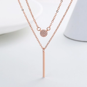 Layered Necklace Copper Rhinestone Zircon Round And Vertical Bar Pendant Clavicle Chain Minimalist Fashion Women