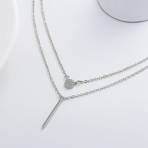 Minimalist silver double-layer necklace with micro-pave round and bar pendants
