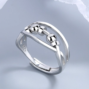 S925 sterling silver double-layer cross ring with adjustable band and rotating beads
