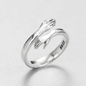 Hugging Hands Ring 925 Sterling Silver Adjustable Open Band Romantic Love Jewelry For Unisex Minimalist Polished