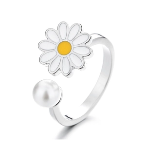 Rotating daisy and pearl open ring in silver finish with adjustable minimalist band