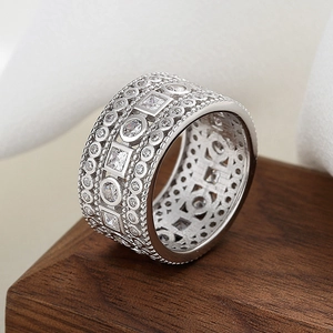 Retro Wide Band Ring Copper Cubic Zirconia Geometric Hollow Milgrain Edge Hip Hop Luxury Jewelry For Women Men