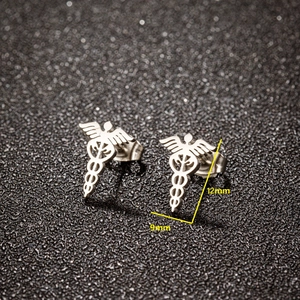 Surgical steel caduceus medical symbol stud earrings with wings and snakes in silver