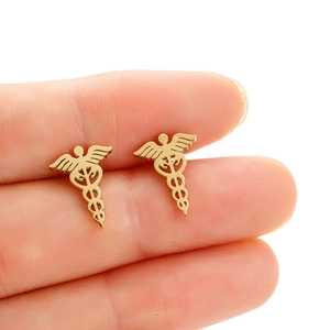 Minimalist golden stainless steel Caduceus stud earrings for medical professionals