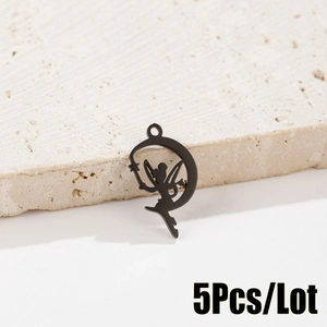 Pendentifs en acier inoxydable noir avec silhouette de fée et croissant de lune 5pcs
