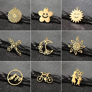 Stainless Steel DIY Pendants 18K Gold Plated Flower Smiley Face Sun Cross Moon Mountain Bicycle Charms For Necklace Making