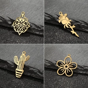Stainless Steel Rose Flower Cactus Hollow Out Pendants DIY Jewelry Accessories For Necklace Bag Mobile Phone Charms