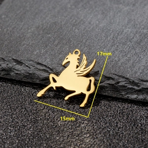 Golden stainless steel winged horse pendant showing 17mm by 15mm dimensions