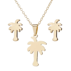 Goldenes Edelstahl-Schmuckset mit tropischer Palmbaum-Halskette und passenden Ohrsteckern