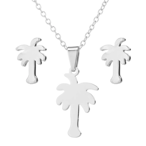 Details des minimalistischen Edelstahl Palmenanhänger Sets mit Kette und Ohrringen