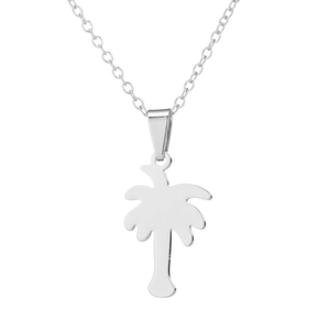 Detailansicht der silbernen Edelstahl Palmbaum-Halskette mit feiner Gliederkette