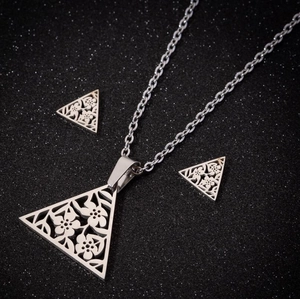 Polished stainless steel jewelry set with hollow flower triangle pendant and earrings