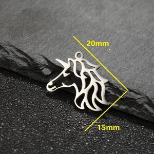 Silver stainless steel unicorn head pendant for jewelry making with 20x15mm dimensions