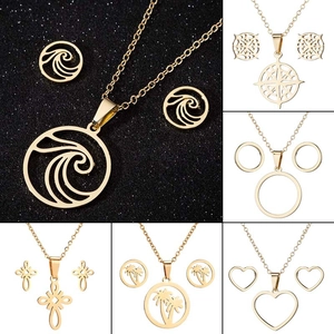 Collier Et Boucles D'oreilles Minimalistes En Acier Inoxydable Géométrique Vague Cœur Palmier Boussole Bijoux Boho Été Pour Femmes
