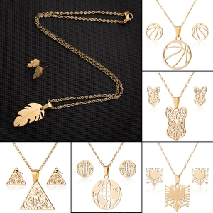 Stainless Steel Necklace Earring Set Hollow Geometric Triangle Basketball Eagle Dog Pattern Fashion Jewelry For Women