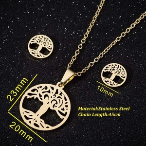 Golden stainless steel Tree of Life jewelry set including necklace and stud earrings