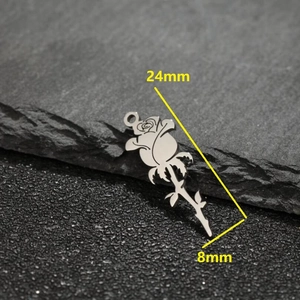 Detailed 18k silver plated stainless steel rose flower pendant measuring 24mm by 8mm