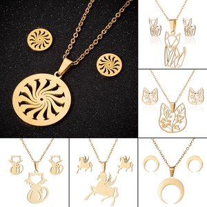 Bijoux En Acier Inoxydable Mode Collier Boucles Oreilles Motif Animal Géométrique Origami Chat Pégase Lune Pour Femme