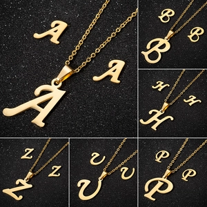 Stainless Steel Initial Alphabet Letter Pendant Necklace And Stud Earrings Retro Polished High Shine Jewelry For Women