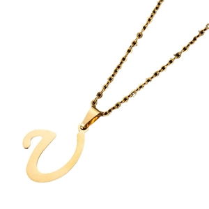 Minimalist gold stainless steel letter necklace set with polished cursive pendant