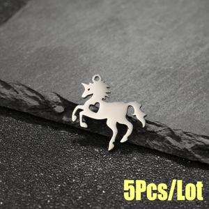 Set of 5 minimalist hollow heart unicorn pendants in polished stainless steel