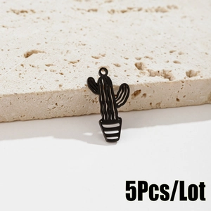 Detail view of five cactus-shaped stainless steel charms with golden finish and hanging loops