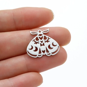 Polished stainless steel moth pendant with hollow moon and heart details for DIY jewelry