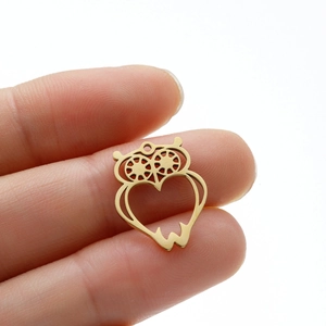 Minimalist gold stainless steel owl pendant featuring hollow heart and gear eye details