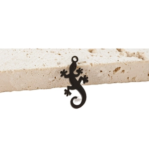 Black stainless steel lizard pendant charm for DIY jewelry making on beige stone base
