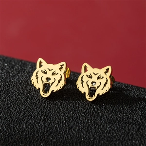 Gothic style gold stainless steel wolf head stud earrings for women on red background