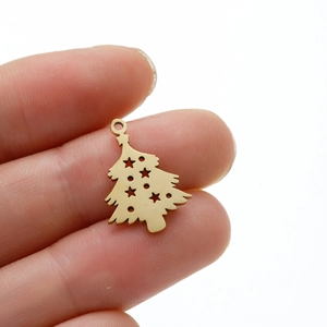 Gold hollow stainless steel Christmas tree pendant with star cutouts for DIY jewelry