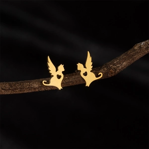 Boucles D'oreilles Puces Chat En Acier Inoxydable Avec Ailes D'ange Cœur Creux Bijoux De Mode Pour Femmes
