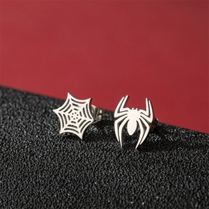 Punk style asymmetric stainless steel earrings featuring spider and spiderweb designs