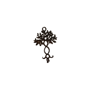 Artistic black stainless steel tree of life pendant with geometric knots on white background