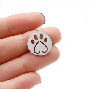 Polished stainless steel round pendant featuring a hollow cute paw print design