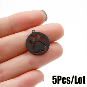 Five hollow animal paw and heart round pendant necklaces in black stainless steel finish