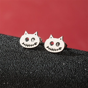 Halloween stainless steel cat face stud earrings with a hollow-out punk style design