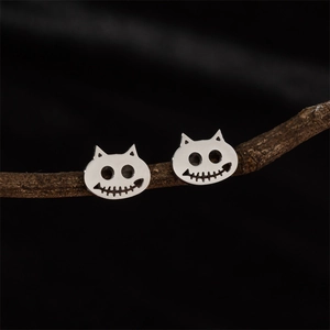 Gothic Stainless Steel Halloween Cat Skull Stud Earrings For Women Hollow Out Cartoon Animal Punk Festive Jewelry Gift