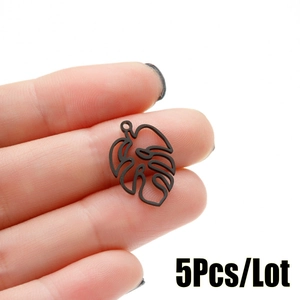 5pcs minimalist black matte hollow palm leaf pendants in stainless steel for DIY jewelry