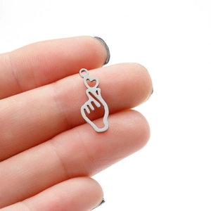 Polished silver stainless steel hollow heart gesture pendant with small ring loop