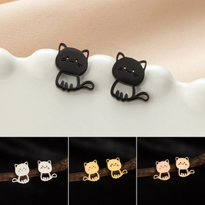 Cat Stud Earrings Stainless Steel Cute Cartoon Animal Hollow Small Kitten Studs Jewelry For Women Girls Simple Fashion