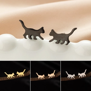 Minimalist Walking Cat Stud Earrings Stainless Steel Animal Silhouette Fashionable Jewelry For Women Cute Accessories