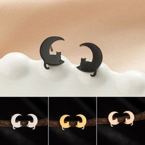 Moon Cat Stud Earrings Stainless Steel Cute Animal Silhouette Minimalist Fashion Jewelry For Women Girls Gift