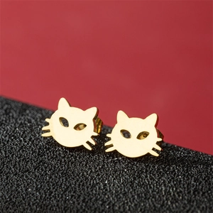 Minimalist gold cat-shaped stainless steel stud earrings with hollow design and whiskers